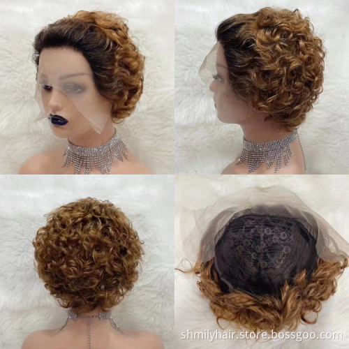 Shmily Perruque Pixie Cut Wig Human Hair Curly Bob Short Pixie Cut Lace Wig Bleached Knots Lace Frontal 13X1 Pixie Curls Wig